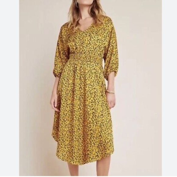 ANTHROPOLOGIE WOMENS MIDI LENGTH CINCHED WAIST MARIGOLD DRESS YELLOW BLACK XS - Picture 3 of 10